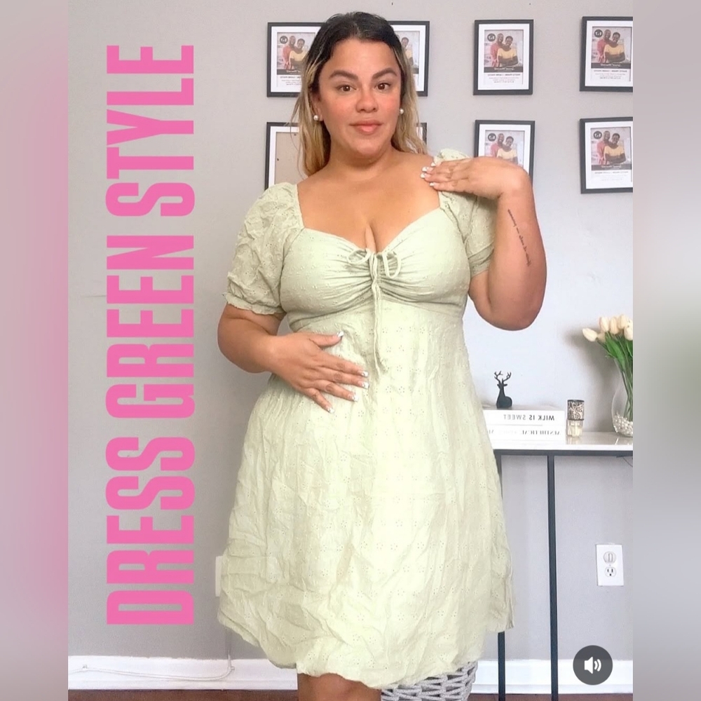 Floral Linen Blend Square Neckline Dress Green plus size NEW 2026